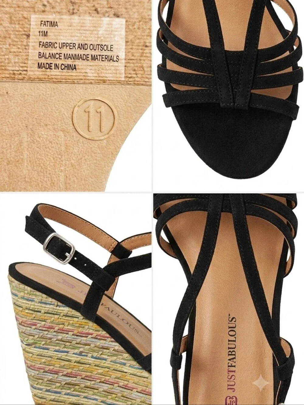 JustFab Black Strappy Espadrille Wedge Sandals